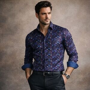 7 Downie St Purple Paisley Shirt XLT 100% Cotton Flip Cuff XL tall